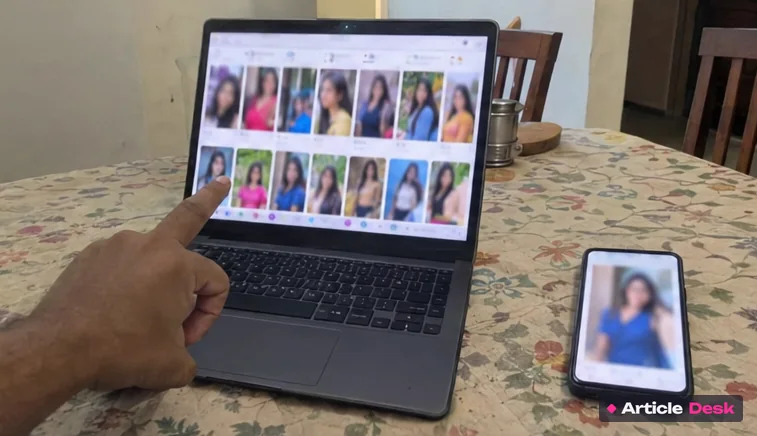 A man checking an agency's girl photos on a laptop before paying anything