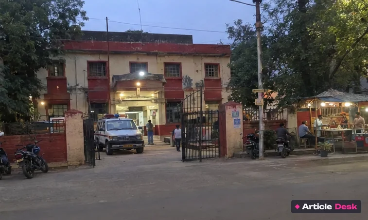Outside a local police station in the evening