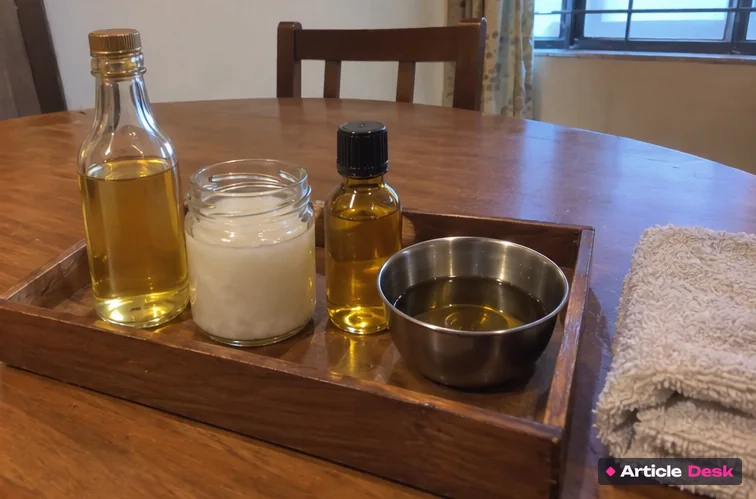 Massage oils on a wooden tray: two bottles of oil, a jar of coconut oil and a steel bowl, with a towel