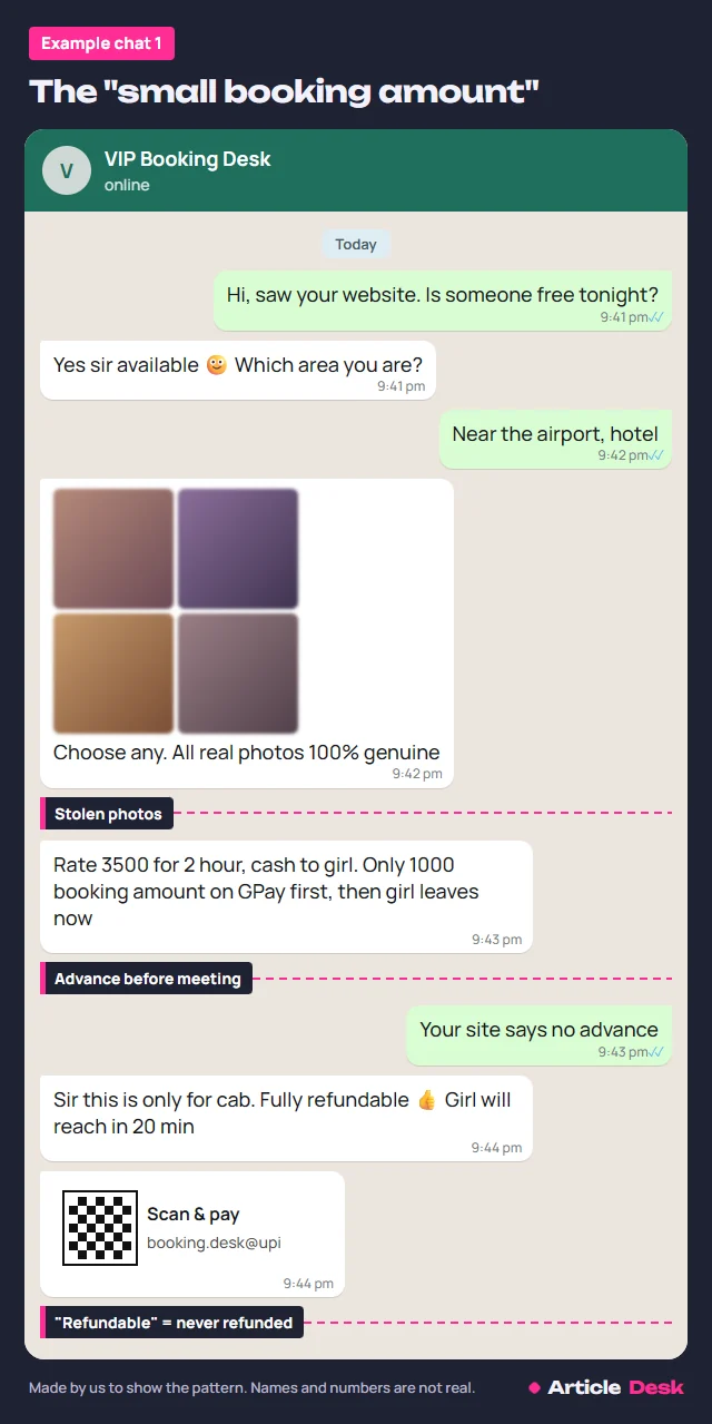Example WhatsApp chat of a fake escort agency asking for a booking amount before meeting