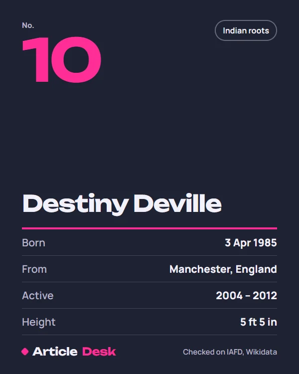 Destiny Deville name card: No. 10, born 3 Apr 1985, Manchester, England