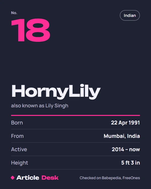 HornyLily name card: No. 18, born 22 Apr 1991, Mumbai, India