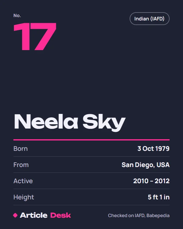Neela Sky name card: No. 17, born 3 Oct 1979, San Diego, USA