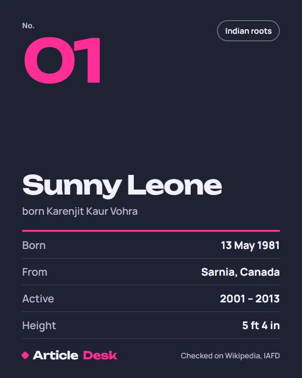 Sunny Leone name card: No. 1, born 13 May 1981, Sarnia, Canada